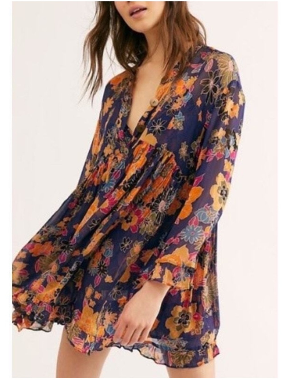 Free People Everything and More Floral Sheer Tunic Dress Sz medium
